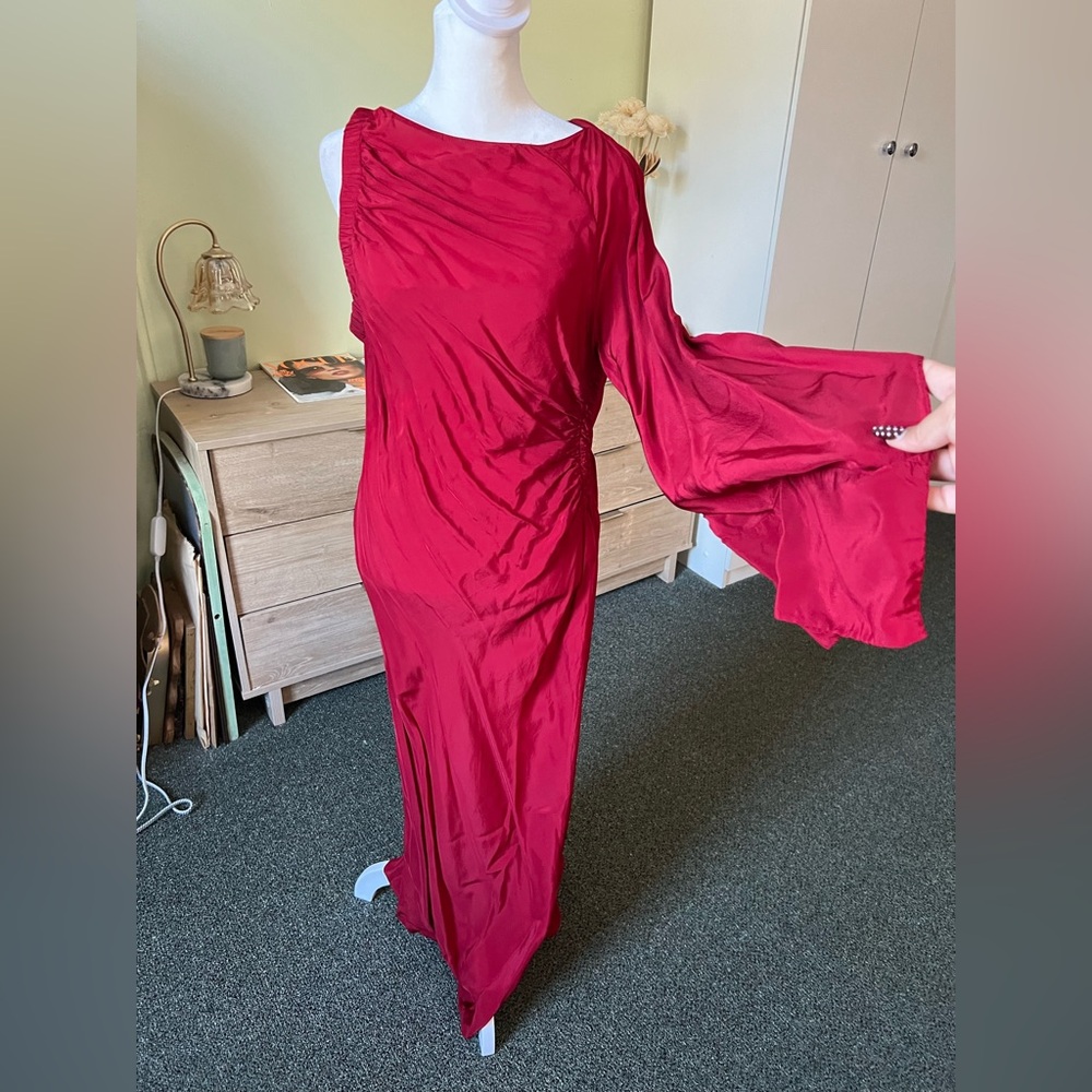 Maroon Red One Sleeve Shoulder Asymmetrical Midi Satin Formal Fancy Dress Sz L - Picture 12 of 16